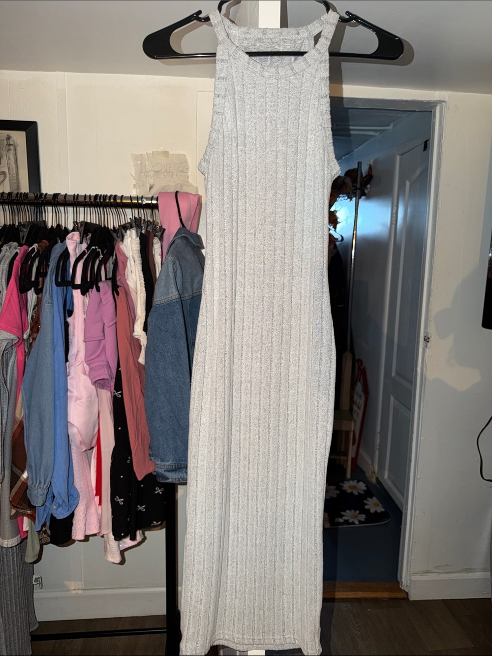 Ribbed Tank Maxi Dress - Light Gray